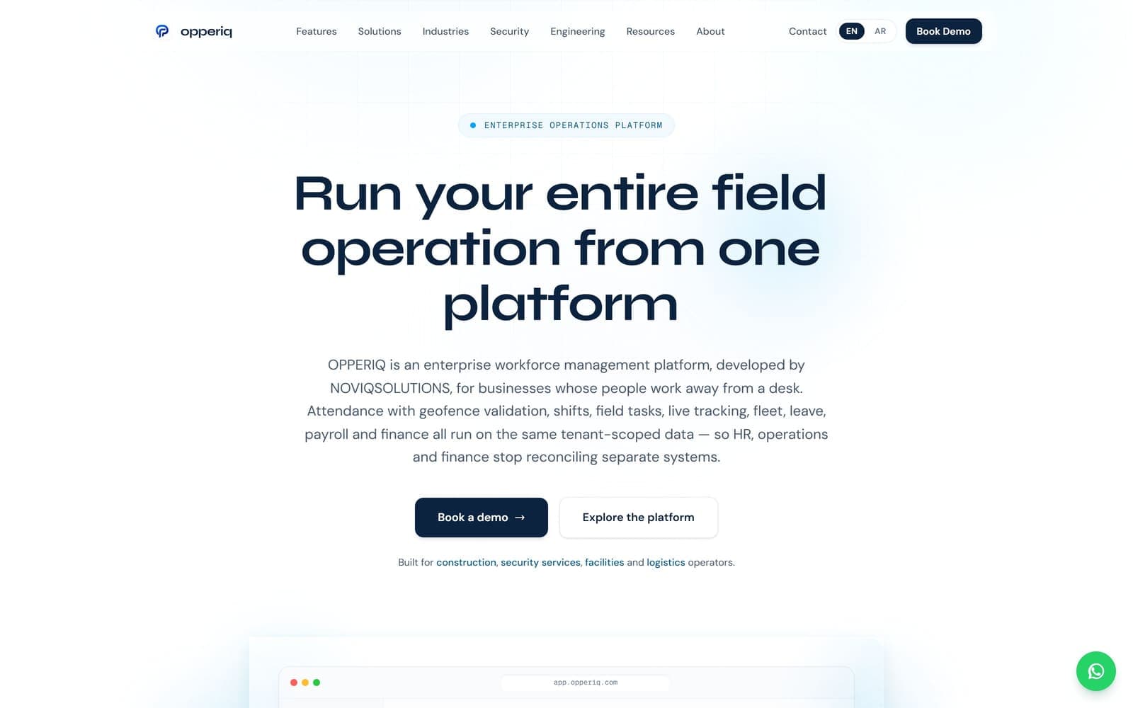 Opperiq marketing homepage describing its enterprise field-operations platform